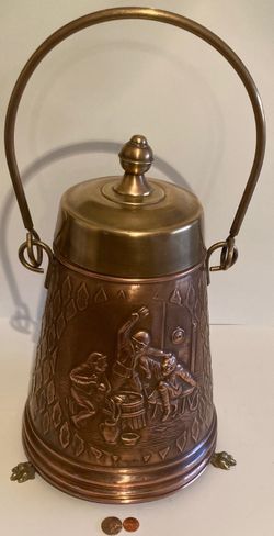 Vintage Metal Copper and Brass Fireplace Kindling Holder, Fireplace Decor, Container, Vase, Very Large Size, 20" with Handle Up, 16" x 10", Clawfoot