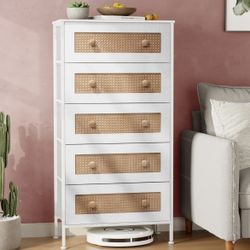 Crestlive Products Rattan Dresser Storage Tower, Tall Fabric Dresser, Chests of Drawers, Wood Top - Organizer Unit for Bedroom, Hallway, Entryway