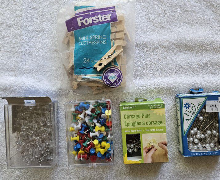 Push Pins, Corsage/Flower Pins & Mini-spring Clothespins; $3.00 FOR ALL NEVER USED