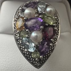 Sterling Silver Multi Gemstone Pear Shape Cluster Ring Size 6