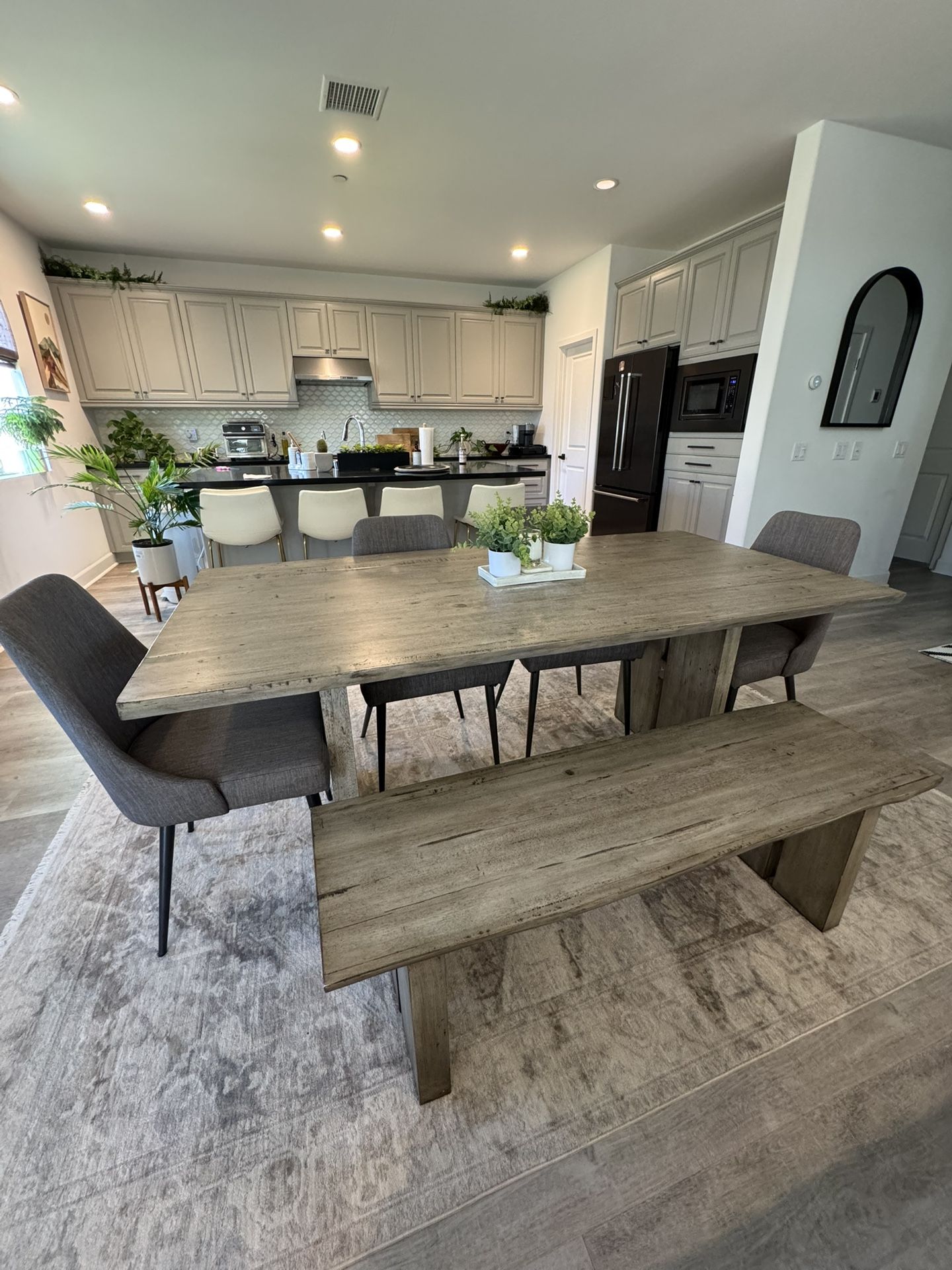 Wooden Modern Farmhouse Dining Table With Chairs And Bench