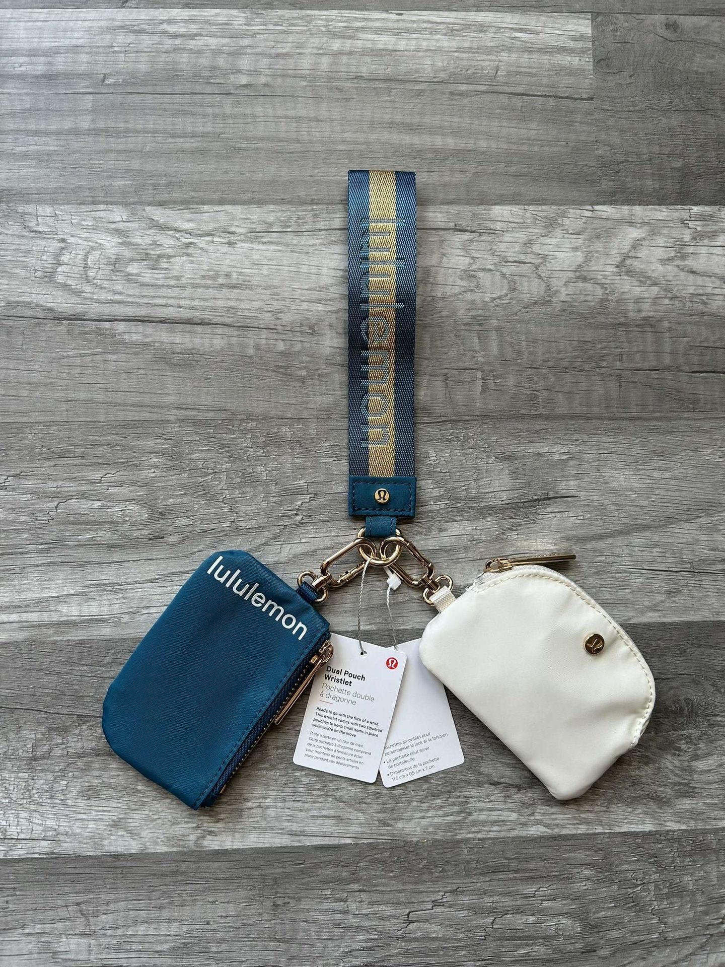 Lululemon Dual Pouch Wristlet Blue and White Gold Wordmark New With Tags