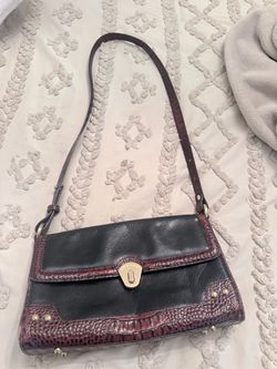 Vintage Brahmin Tuscan Black Smooth Leather Shoulder Bag - Croc-Embossed Trim