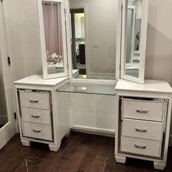 Vanity with mirrors, glass table, and rhinestones 