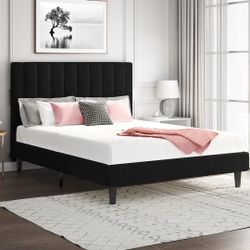 Full Size Velvet Platform Bed Frame with Vertical Channel Headboard, Black