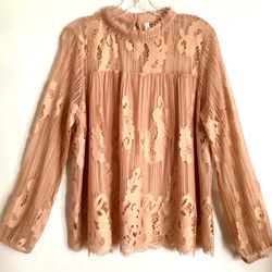 Xhilaration Women’s Peach Color Lace & Lined Blouse Long Sleeve Top Sz XL NWOT