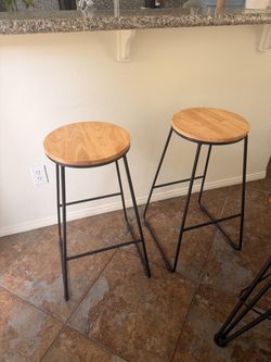 Set of 2 Wood Top Metal Bar Stools