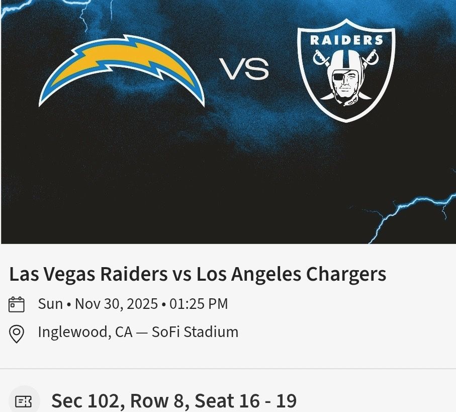 Chargers vs Raiders 4 Tickets + parking