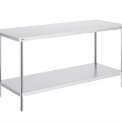 Stainless Steel Prep Table, 30 x 72 x 34 Inch, 920 lbs Load Capacity, Heavy Duty Metal Worktable with 3 Adjustable Height Levels, Commercial Workstati