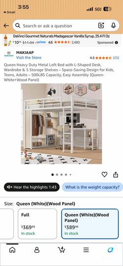 Queen Heavy Duty Metal Loft Bed with L-Shaped Desk, Wardrobe & 5 Storage Shelves – Space-Saving Design for Kids, Teens, Adults – 500LBS Capacity, Easy
