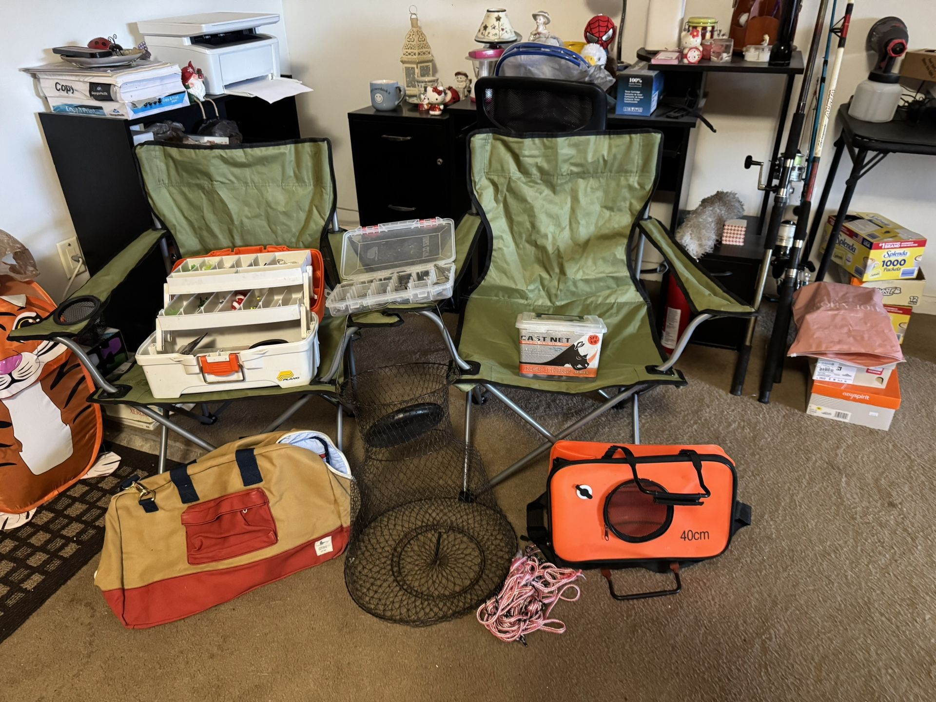 Fishing Gear Set Up- 3 Poles- 3 Folding Chairs (1 not Pictured- New Cast Net-Metal Cast Net- Fishing Tackle