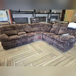 Broun Corduroy Manual Sectional Recliner sofa with cup holder  