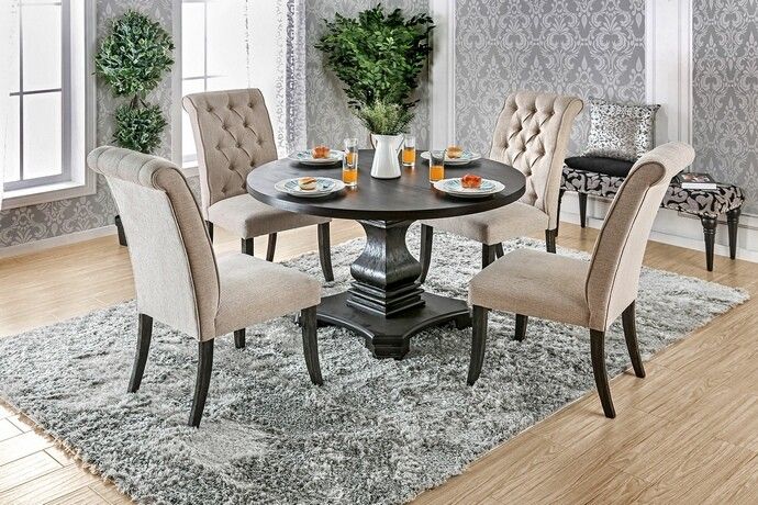 Brand New Rustic Antique Black, Beige 5pc Round Dining Table Set 