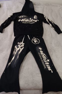 Authentic men's Hellstar "Black path to Paridise" flare leg sweatpants/w Black pullover racer hoodie (matching set)
