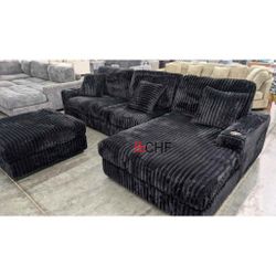 Black Corduroy Modular Living Room Sectional Sofa With Ottoman 