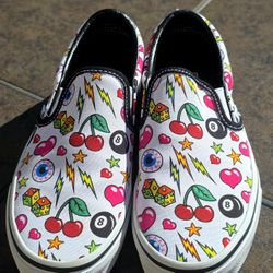 Vans Slip-On Shoes W-7.5, M-6, Tattoo Print, Dice Heart Eye Cherry Bolt Star