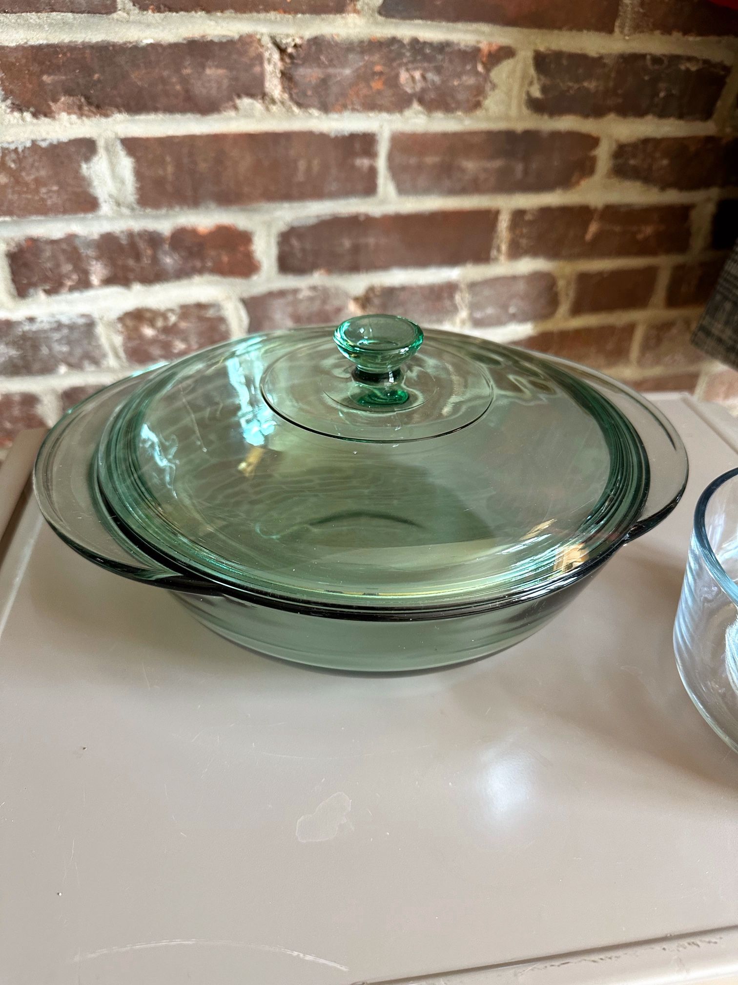 Vintage Green Glass Casserole Dish & Lid MCM