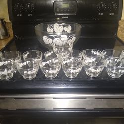 A Punch Bowl With 15 Cups Glass With The Flowers