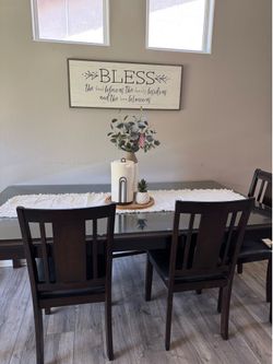 Dark Wood Dining Set with Tempered Glass