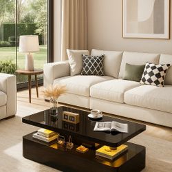 Coffee Table, Modern Coffee Table for Living Room, 2 Tiers Rectangle Design Table with 16 Colors LED Lights Black