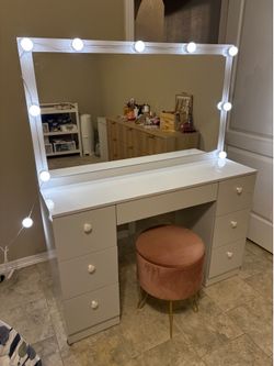 White Vanity with LED Mirror & Velvet Stool – Excellent Condition