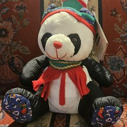 VTG 1995 CHRISTMAS HOLIDAY WORKSHOP PANDA BEAR PUFFALUMP SOFT PLUSH TOY 8"