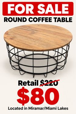 Round Wood Top Coffee Table with Wire Base