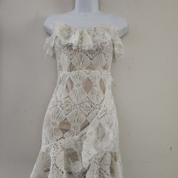 Selfie Leslie Crepe Lace Ruffle Strapless Dress. Size:M Color: White 