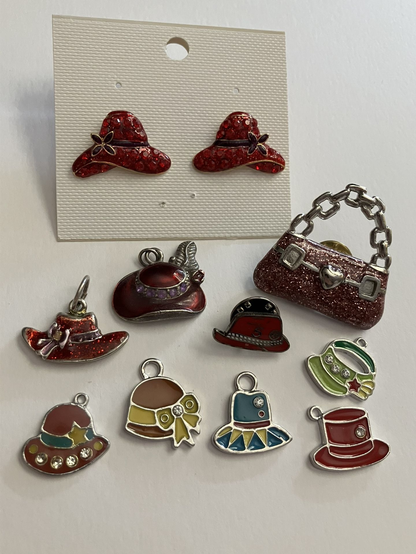 Fashion Jewelry Lot - Hats & Purse Theme - New Earrings, Charms, Pins - Crafting
