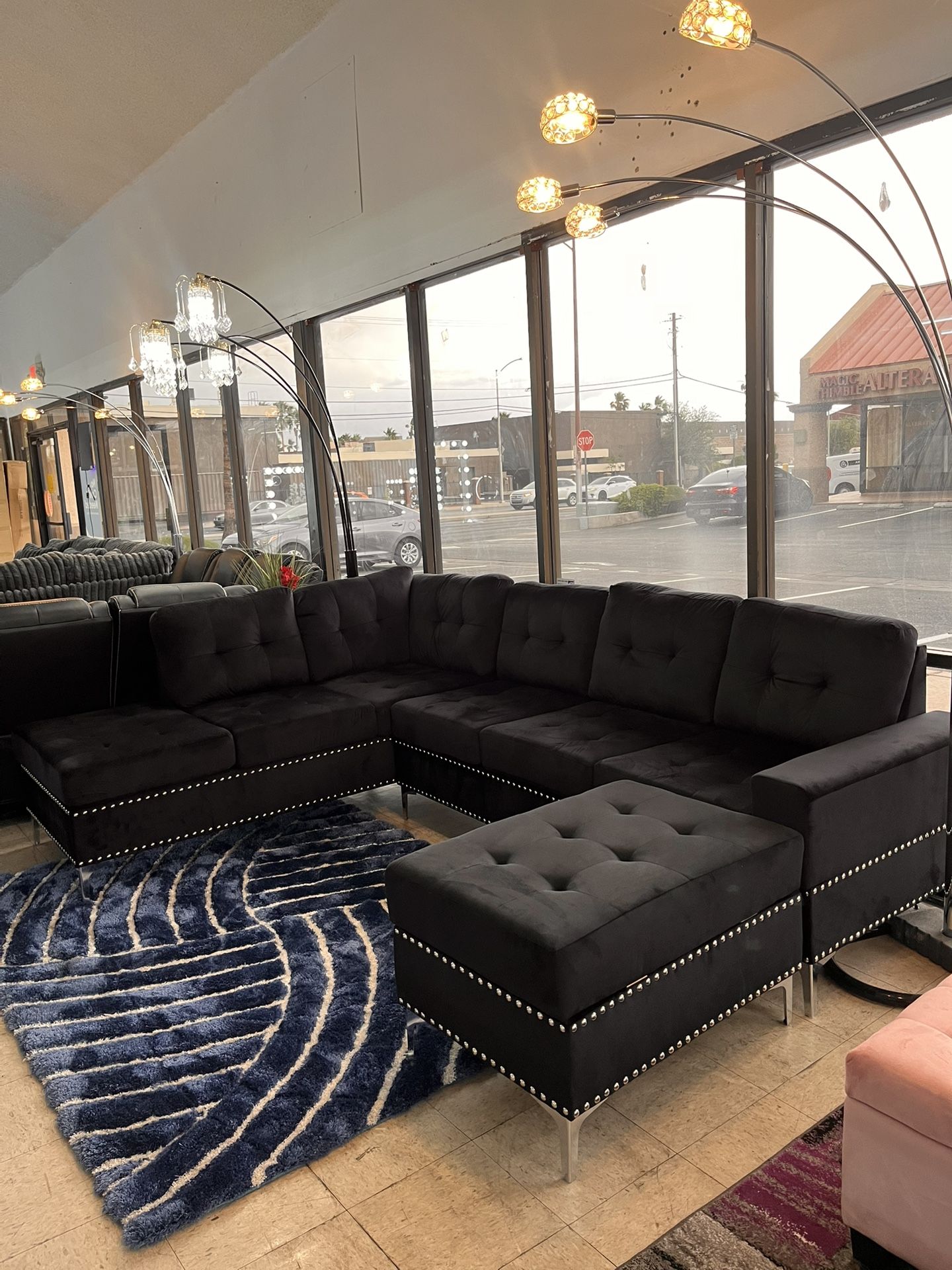 Black Velvet Sectional With Storage Ottoman NEW Blue Color Also Available