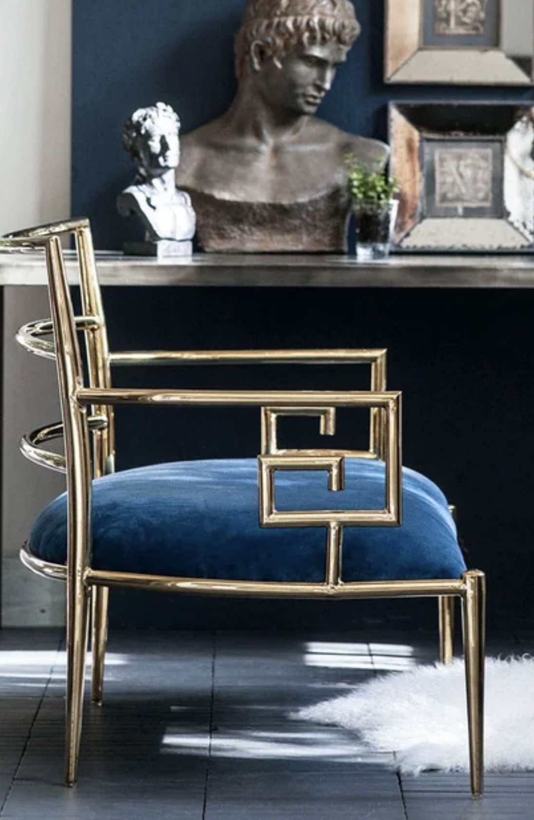 Gorgeous Large Gold color Greek Key Metal and Blue Upholstered Chair