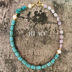 Turquoise / Kunzite / Pearl Gemstone Necklace 