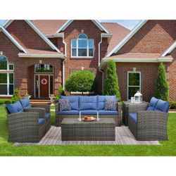 6-Piece Wicker Outdoor Patio Conversation Set with Blue Cushions  Includes: 2-club chairs, 1-loveseat, one 3-seat sofa, 2-coffee tables Chat set mater