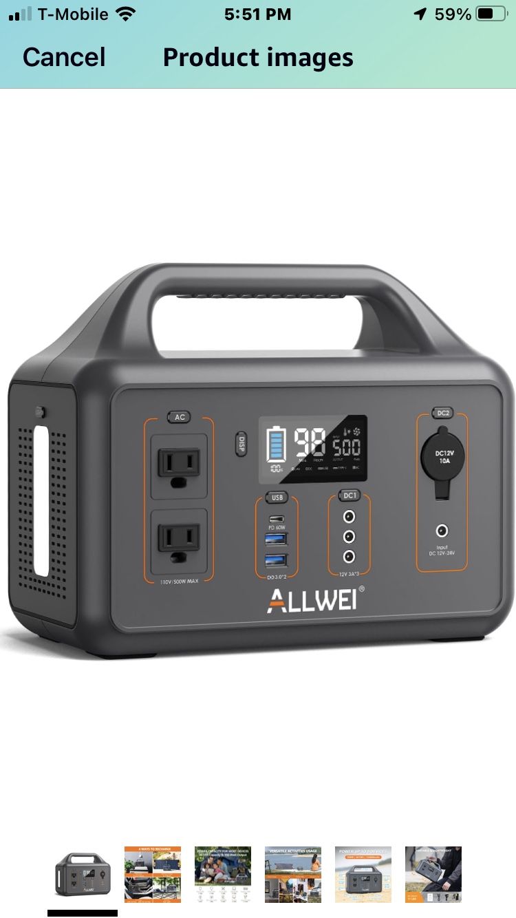 ALLWEI Portable Power Station 500W(Peak 1000W), 461Wh Solar Generator with PD60W USB-C, 2 AC Outlet 110V, 124800mAh Lithium Battery Backup for Outdoor