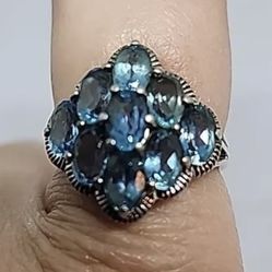 LONDON BLUE TOPAZ OVALS-HALO-CLUSTER RING SIZE 7 PLATINUM/STERLING SILVER
