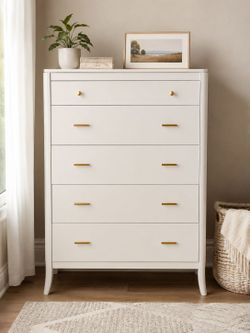 White 5-Drawer Tall Dresser with Gold Hardware