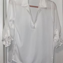 White Collared White Tunic, Pullover Blouse With Roll Tab Sleeves, Size S