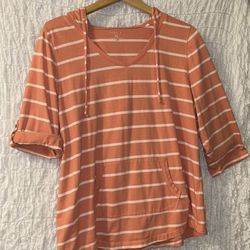 Sonoma: Striped Top, Hooded, 3/4 Length Roll Tab Sleeves, Size: XL