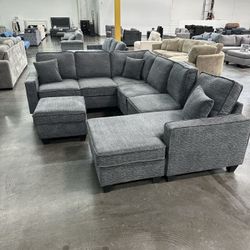 Chenille fabric sectional sofa with ottoman