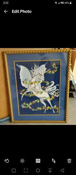 Vtg Unicorn 27x22" FRAMED Needlepoint COMPLETED Flowers Fantasy