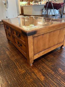 Solid Oak Glass Top Coffee Table 42” x 36” w/ 4 drawers $750