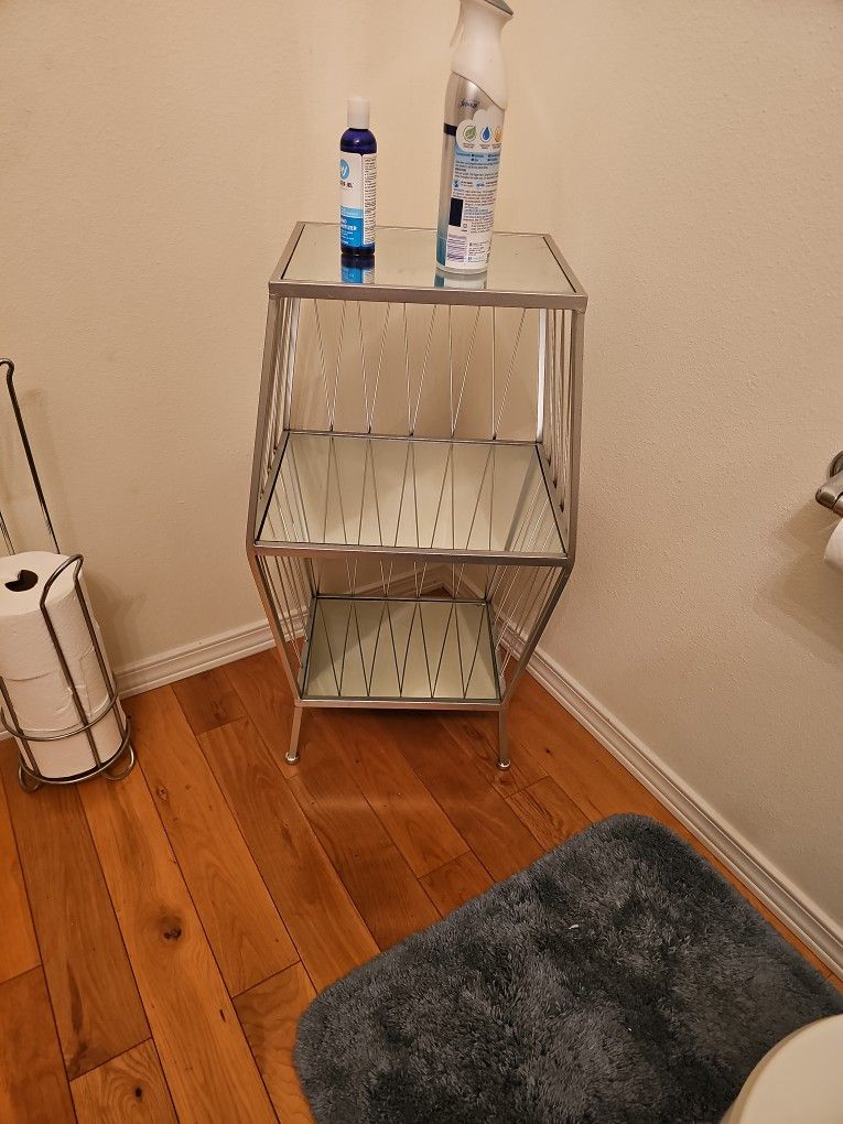 3- Tier Silver Metal Stand w/Glass Mirror Shelves
