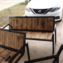 Metal Bench With Burned Woodgrain.