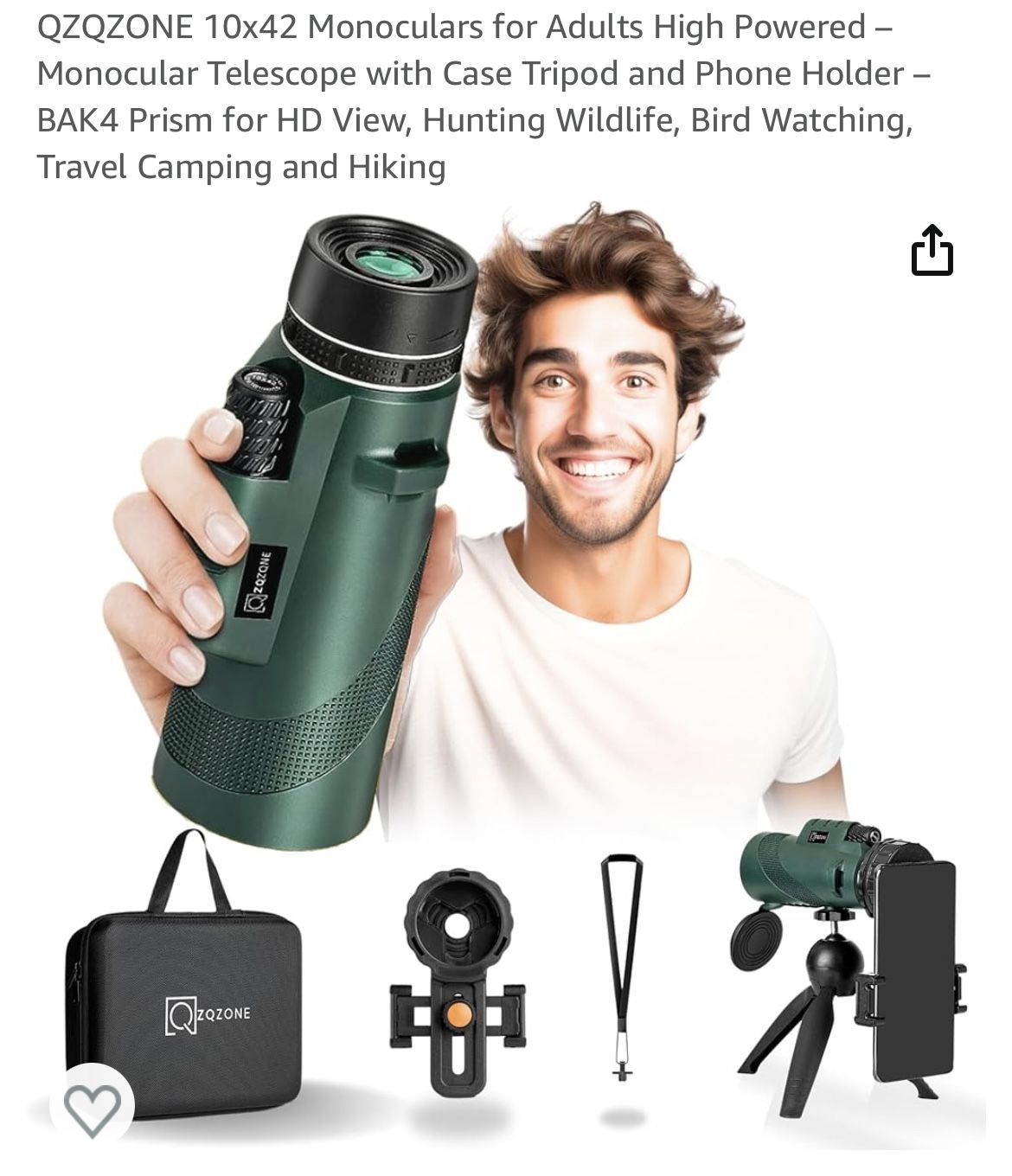 New QZQZONE 10x42 Monoculars High Powered – Monocular Telescope with Case Tripod and Phone Holder – BAK4 Prism for HD View,