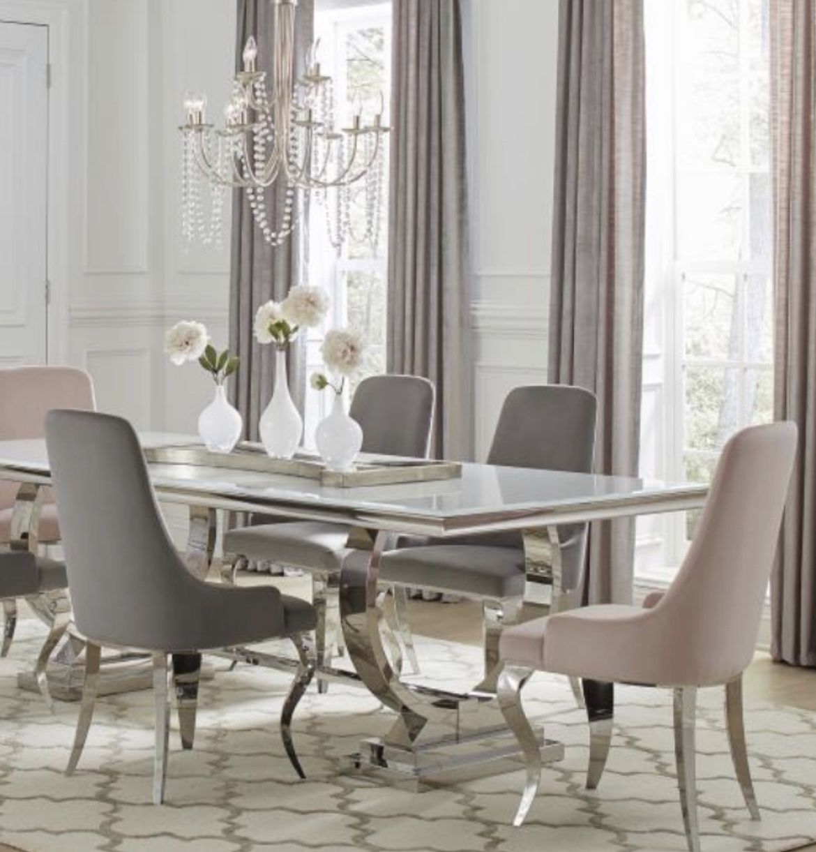 7 Piece Set 2 Pink Chairs 4 Grey Chairs Chrome Legs White TableTop Brand New In Box Firm Price $1,820