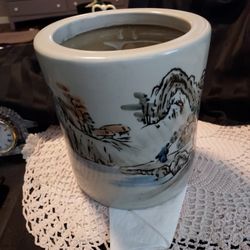 Beige/ Blue Grey Chinoiserie Planter With Beautiful Hand Painted Scene