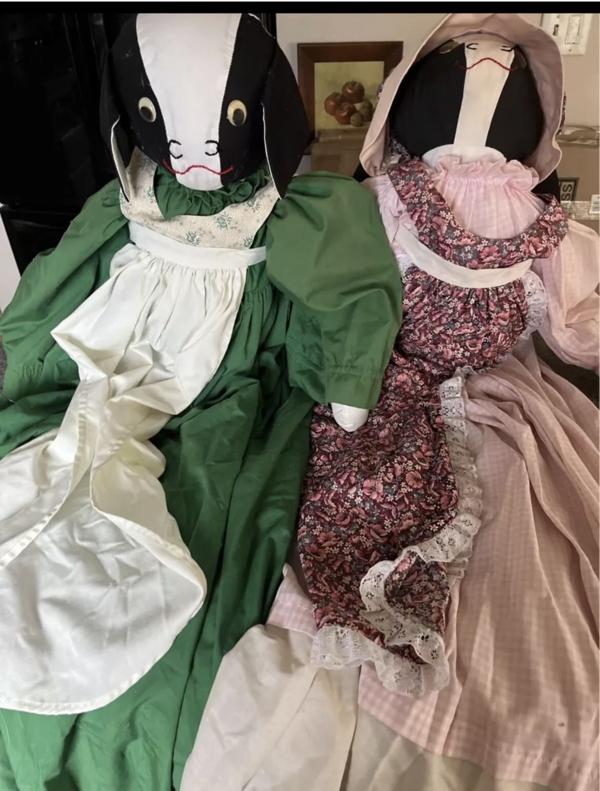 4ft Pair of Sitting Rustic Country Fabric Cows w/Dresses Stuffed Farm Animal