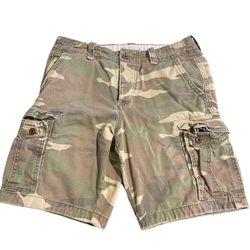 Hollister Cargo Shorts Men Size 31 Green Camouflage Workwear Outdoor Heavyweight