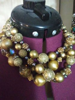 2 Vintage Gold Choker Beaded Designer Necklaces