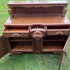 Antique Oak Sideboard With Carved Detailing & Storage